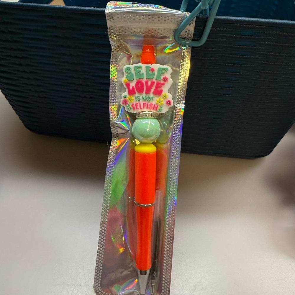 Beaded pen Self Love Is Not Selfish Neon Orange with Charm